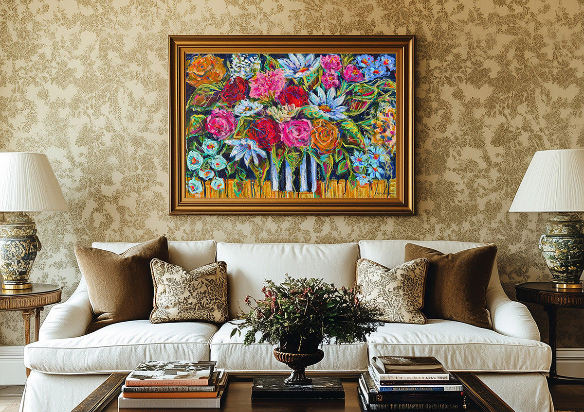 Large framed artwork featuring a colorful floral bouquet