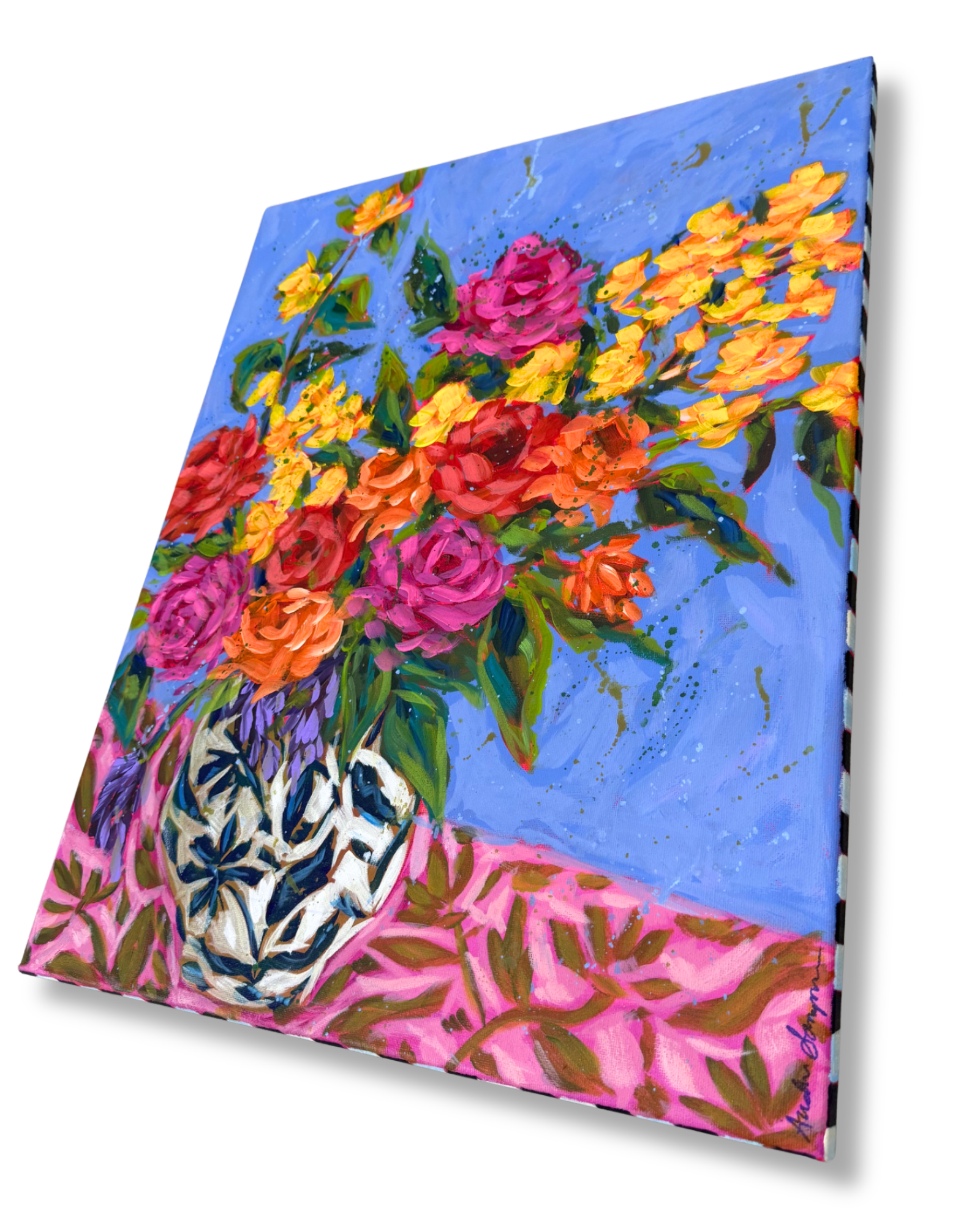 Pink Tablecloth Floral Original 16x20 Painting | Whimsical Home Decor Art
