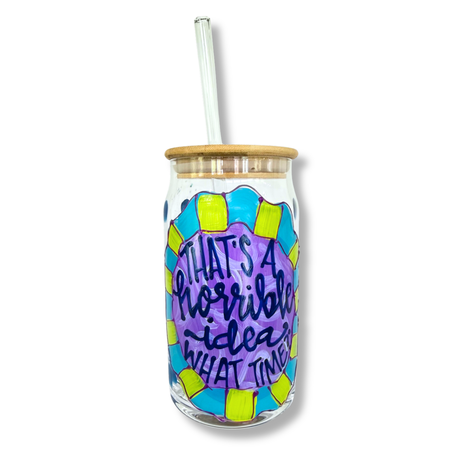Horrible Idea Hand Painted Can Glass with Straw