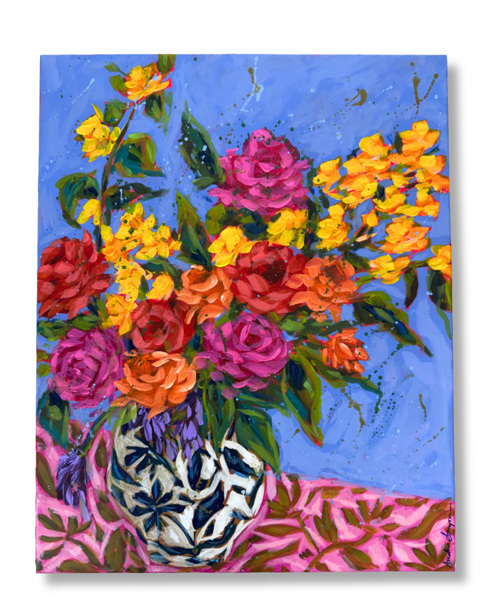 Pink Tablecloth Floral Original 16x20 Painting | Whimsical Home Decor Art