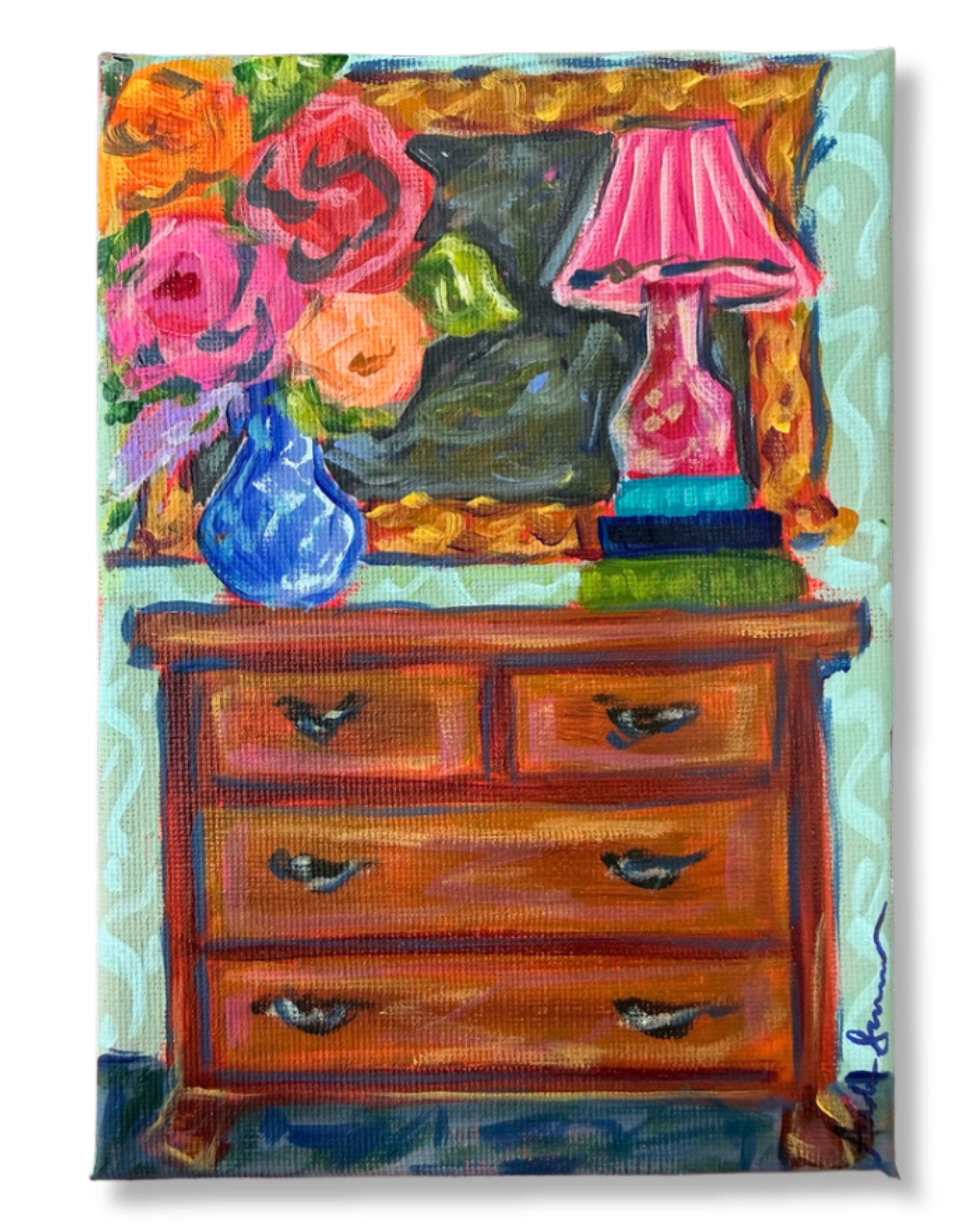 Dresser with Floral Bouquet Original Painting | Whimsical Home Decor Art
