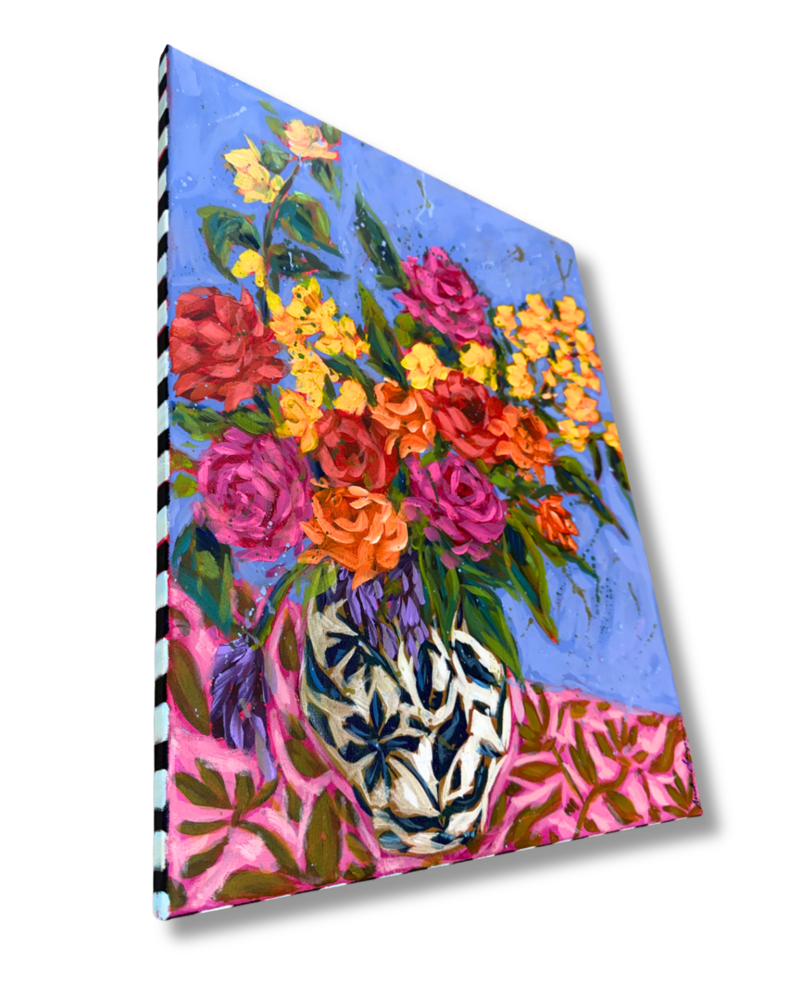 Pink Tablecloth Floral Original 16x20 Painting | Whimsical Home Decor Art