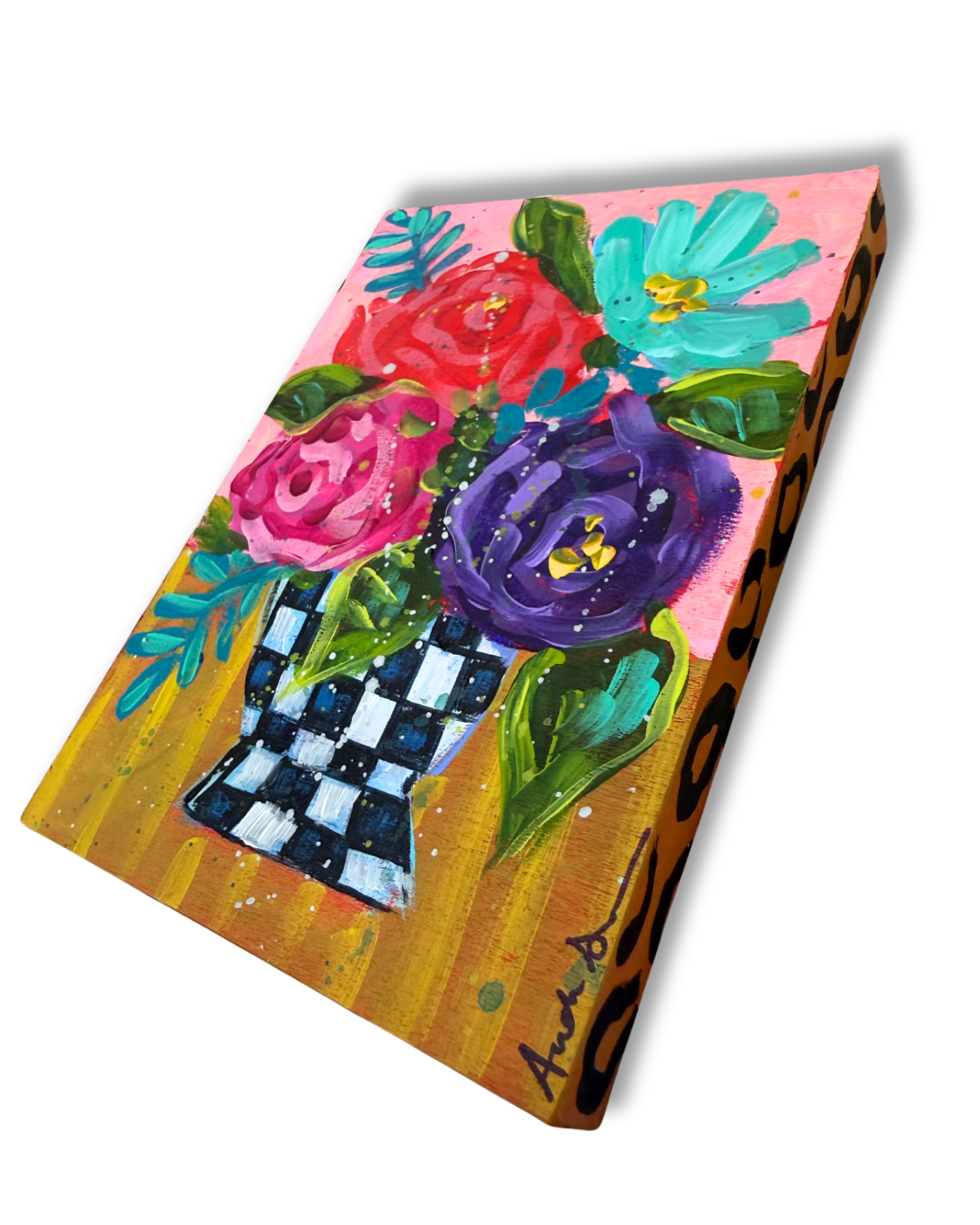 Black Check Vase Floral Bouquet Original 5x7 Painting | Whimsical Home Decor Art
