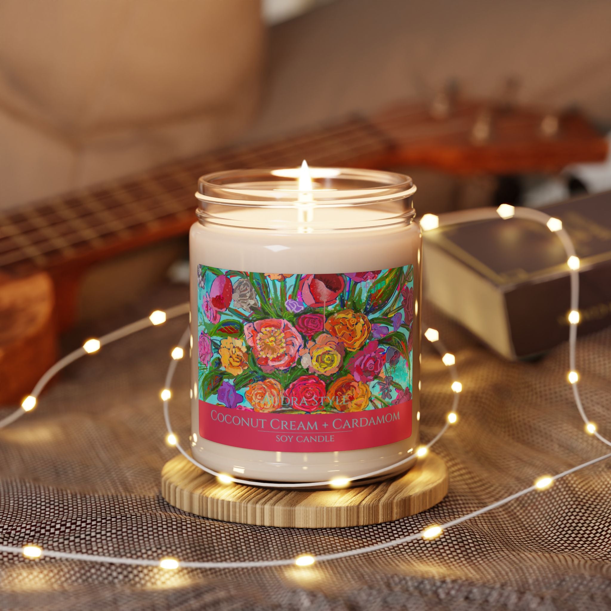 Coconut Cream and Cardamom Scented Soy Candle - 9oz Floral Design for Home Décor & Relaxation