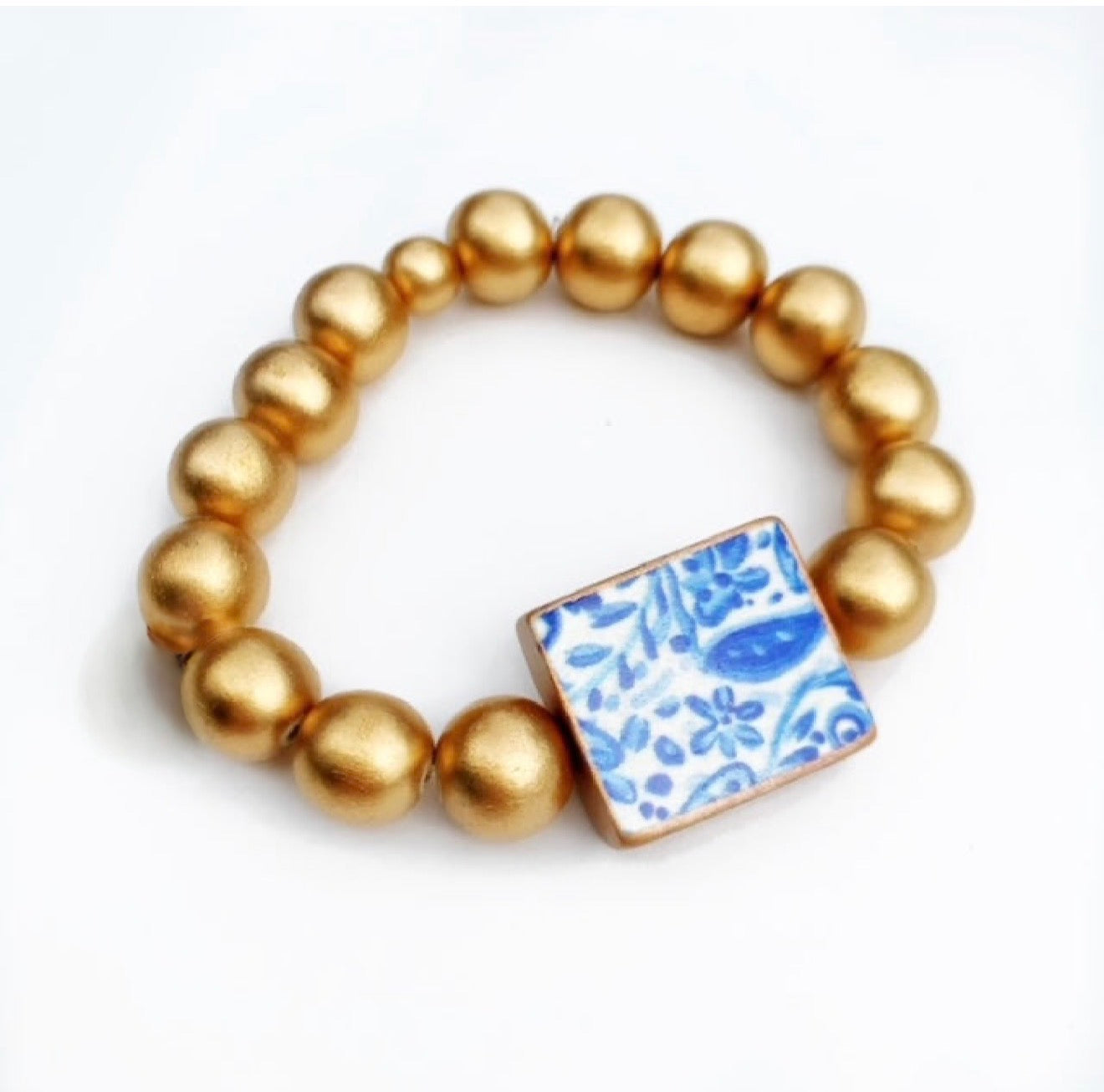 Blue and White Focal Bead Matte Gold Stretchy Beaded Stacking Bracelet