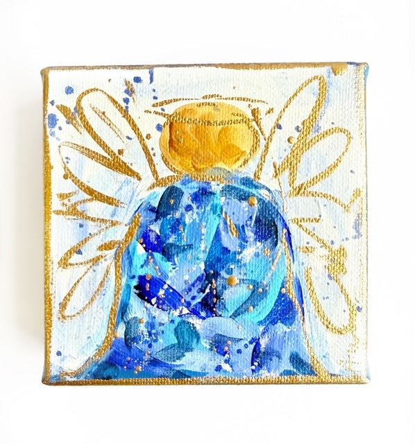 Hand Painted Original Blue White Angel 4"x4" Canvas