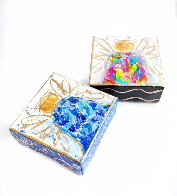 Hand Painted Original Blue White Angel 4"x4" Canvas