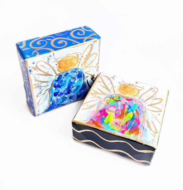 Hand Painted Original Blue White Angel 4"x4" Canvas