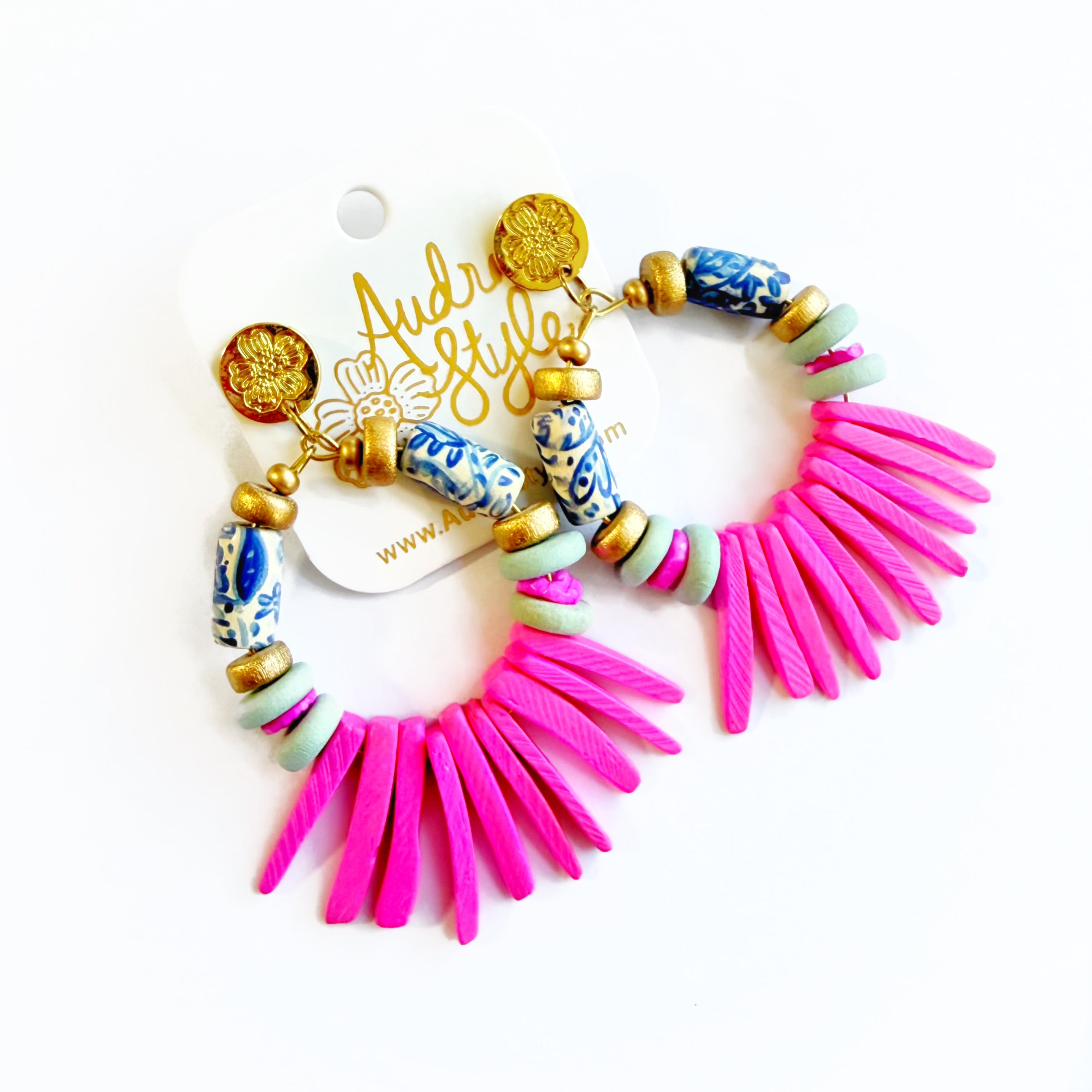 Heidi - Blue and White Floral Print Light Pink Coconut Spike Statement Earring