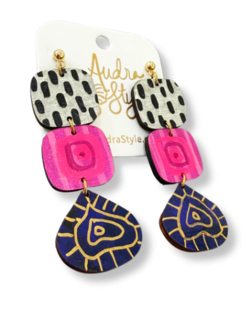 Hand Painted Black Pink and Navy Folk Art Dangle Earrings
