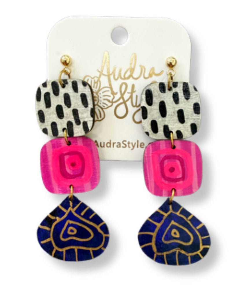 Hand Painted Black Pink and Navy Folk Art Dangle Earrings