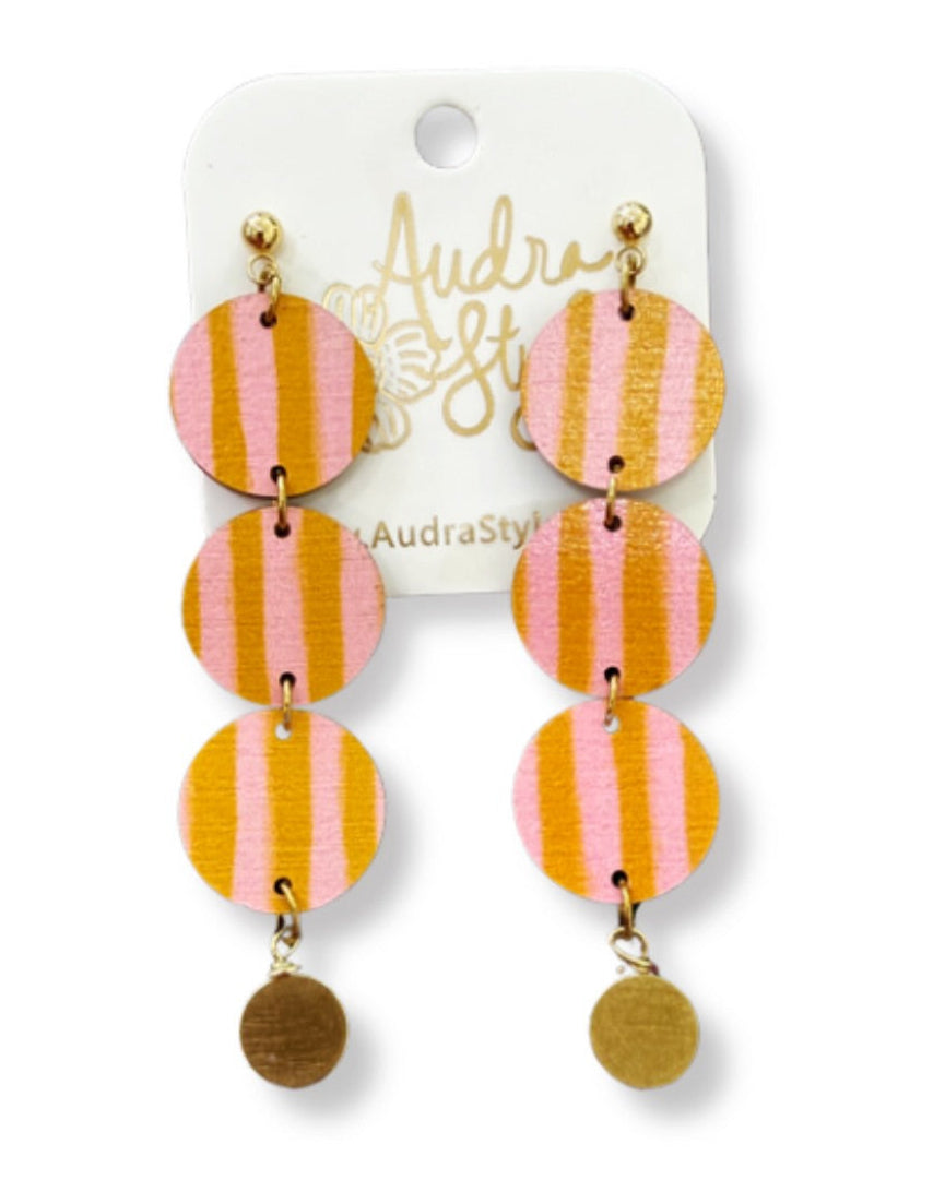Blush and Mustard Stripe Triple Circle Boho Dangle Earrings