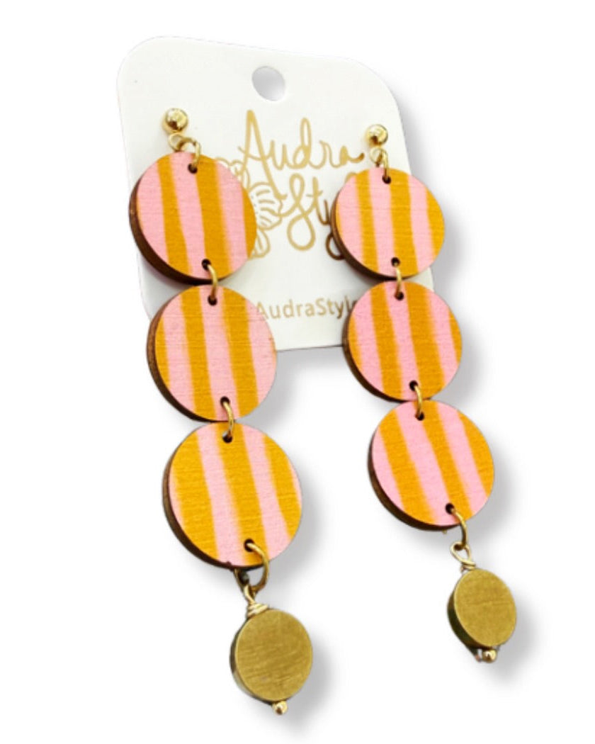 Blush and Mustard Stripe Triple Circle Boho Dangle Earrings