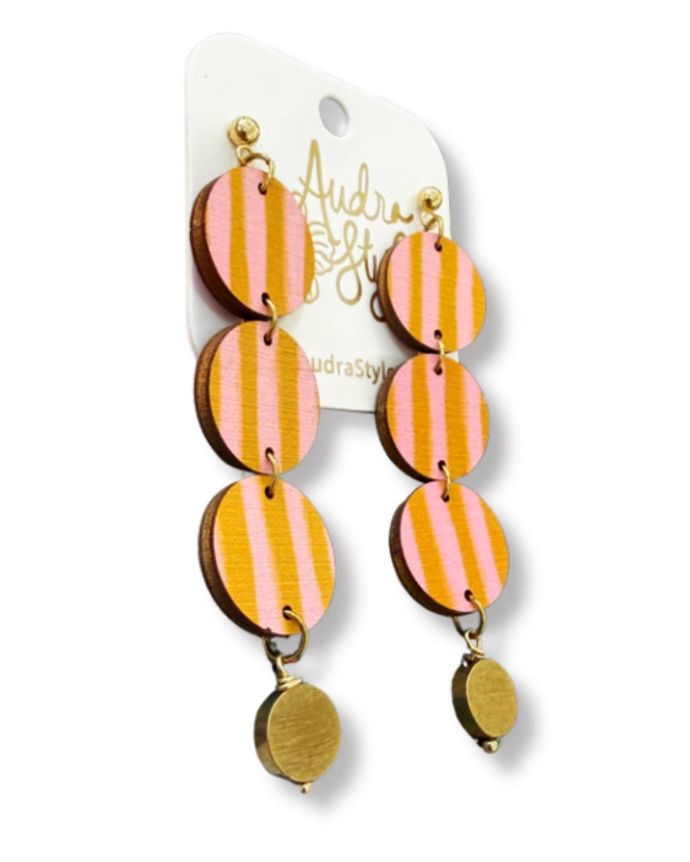 Blush and Mustard Stripe Triple Circle Boho Dangle Earrings