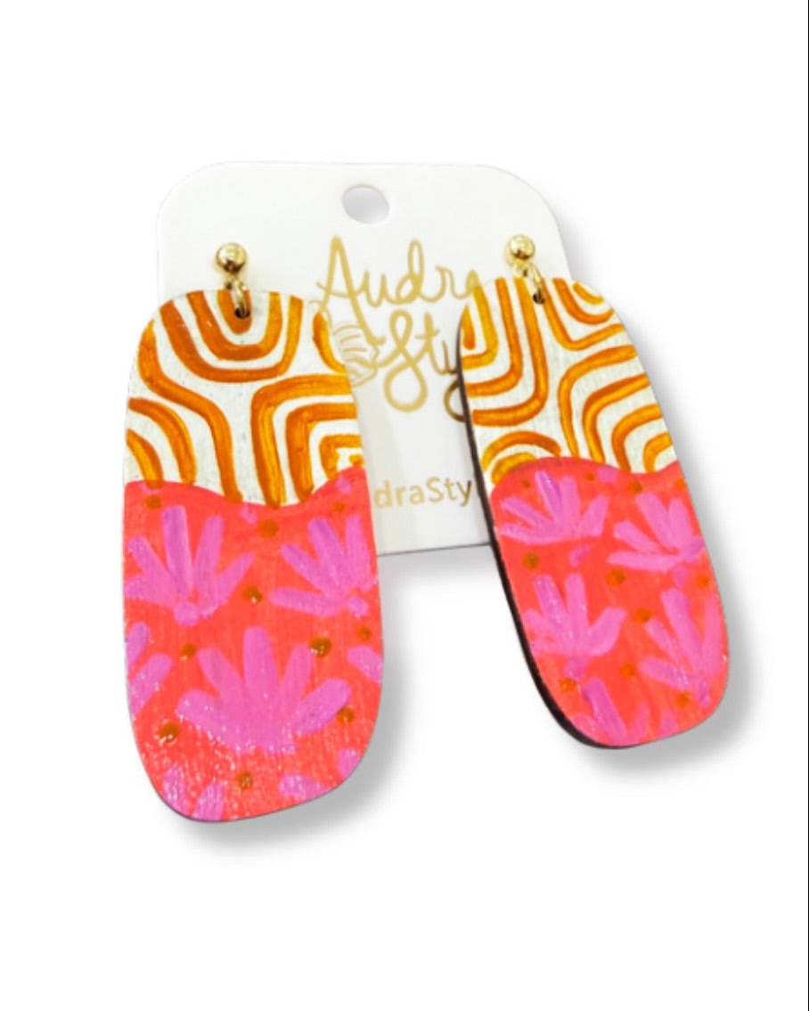 Hand Painted Mustard and Pink Pattern Mixed Earring