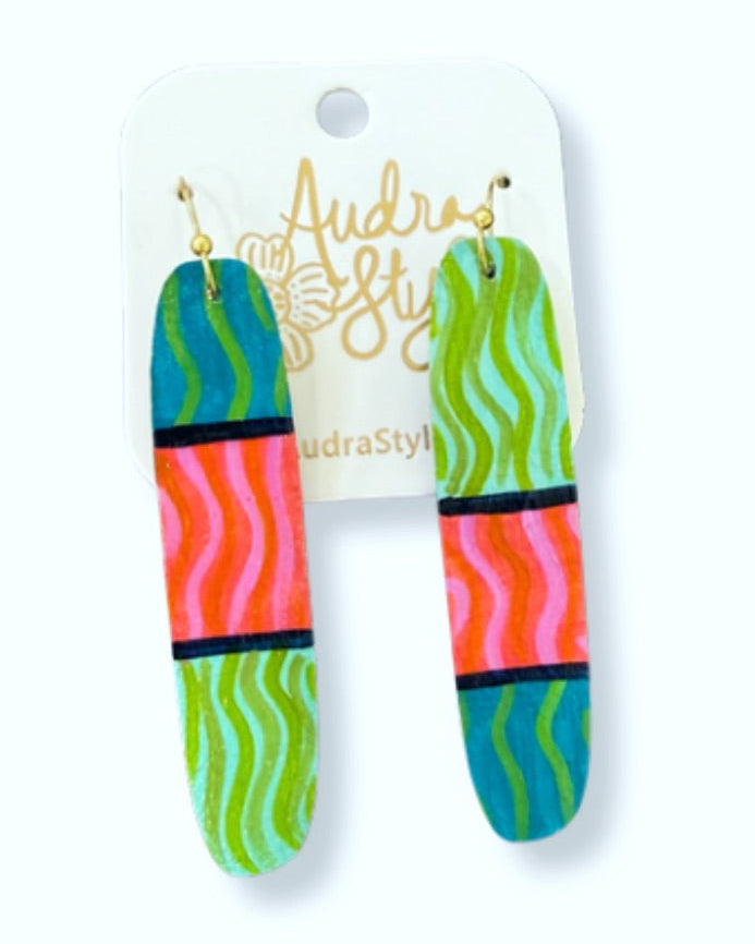 Hand Painted Colorful Color Block Wavy Stripe Earrings