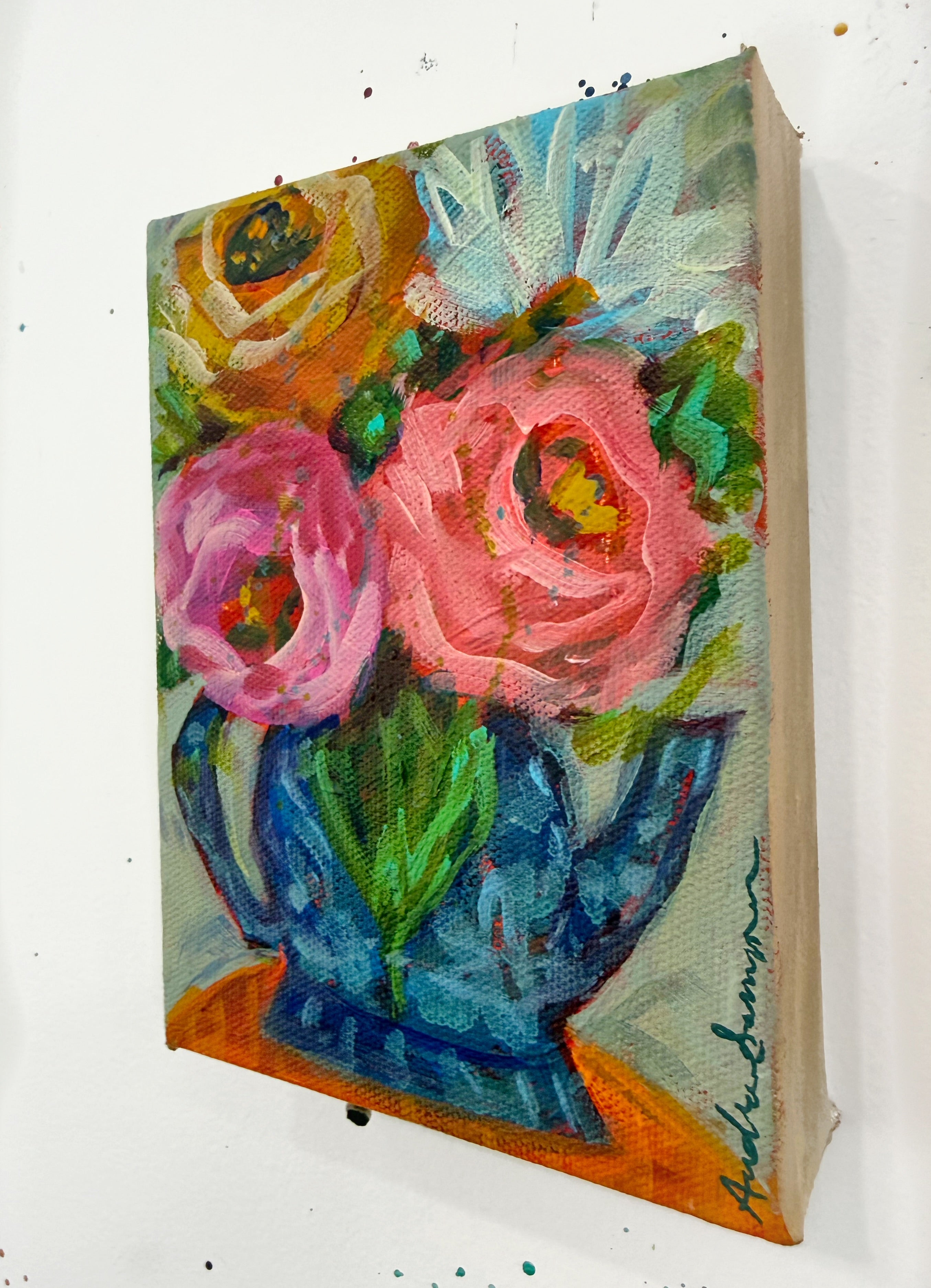 Blue Teapot Floral Original 5x7 Whimsical Painting on Canvas