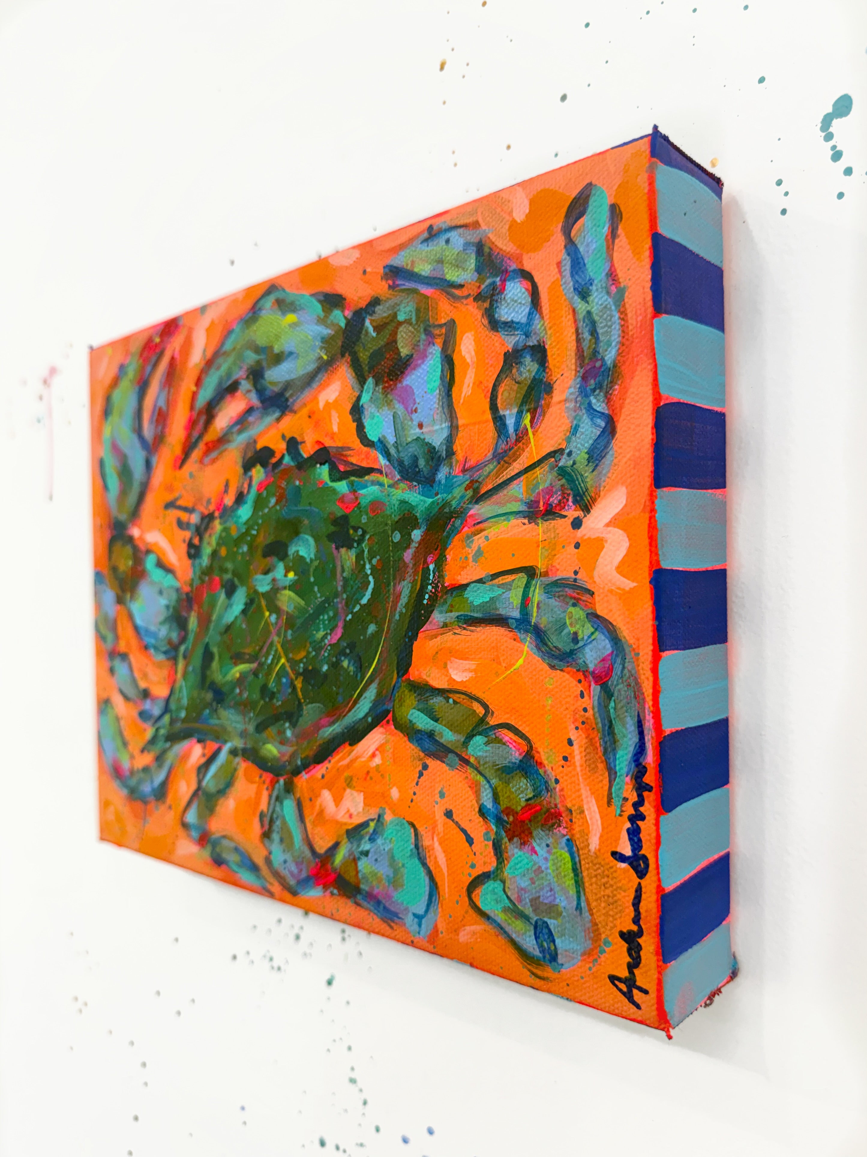 Blue Crab on Orange Original Whimsical 8x10 Painting on Canvas