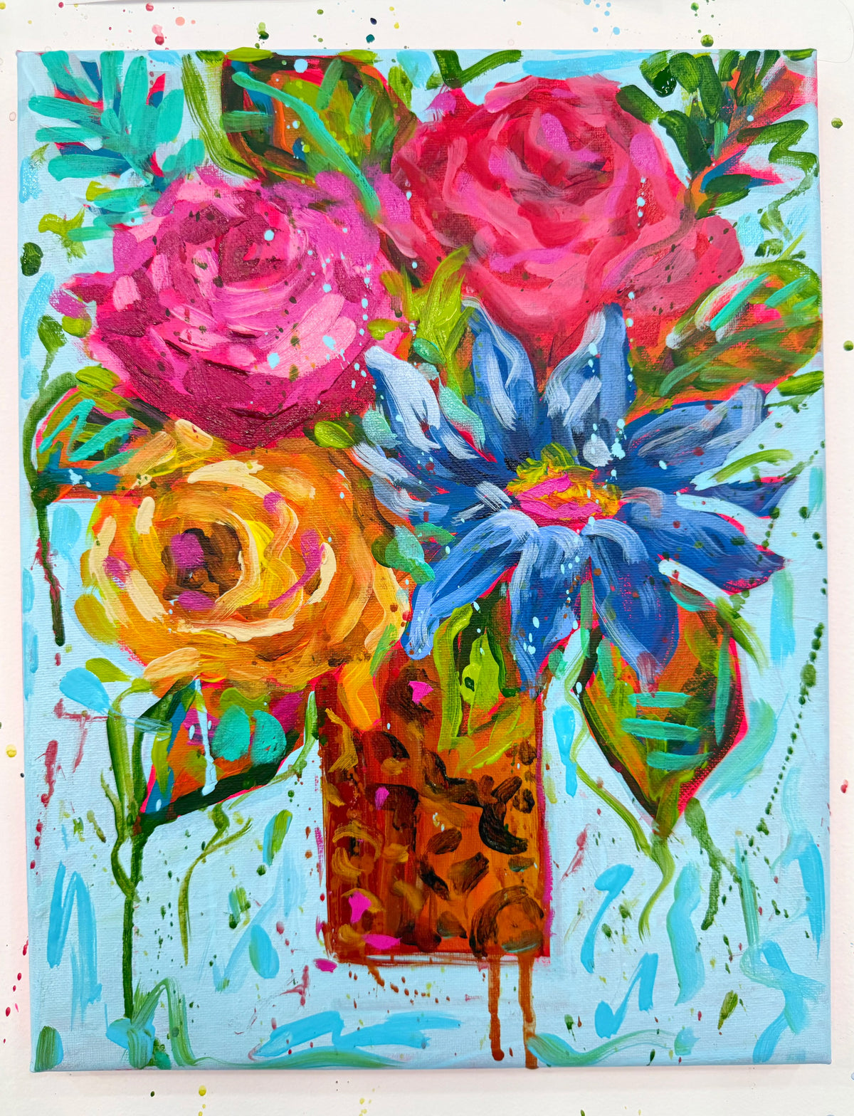 Leopard Vase Floral Original 11x14 Painting | Whimsical Home Decor Art