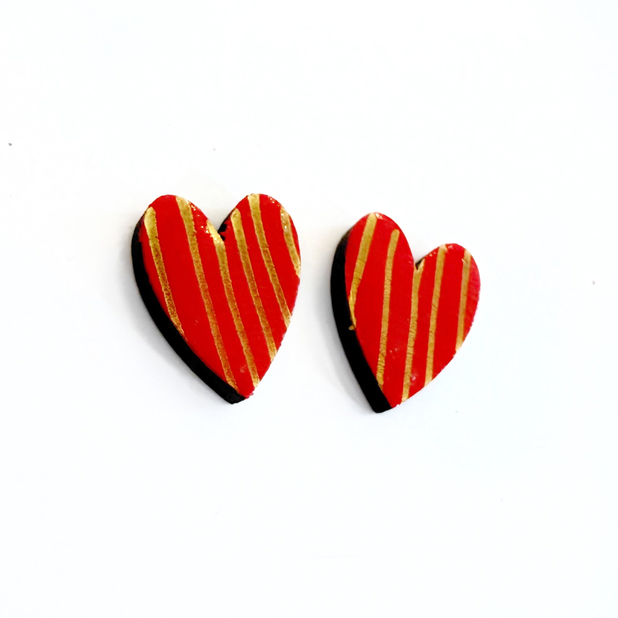 Hand Painted Red Gold Stripe Dot Heart Stud