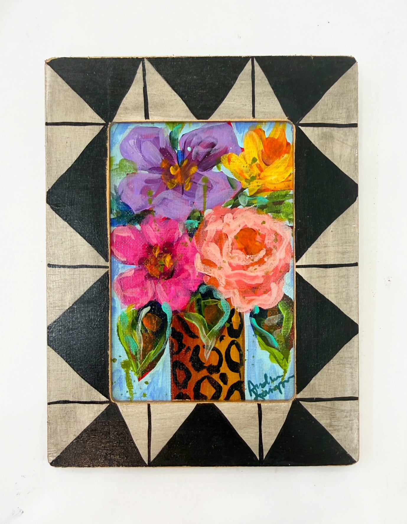 Framed Original Floral Painting on Canvas - Colorful Bouquet in Cheetah Print Vase