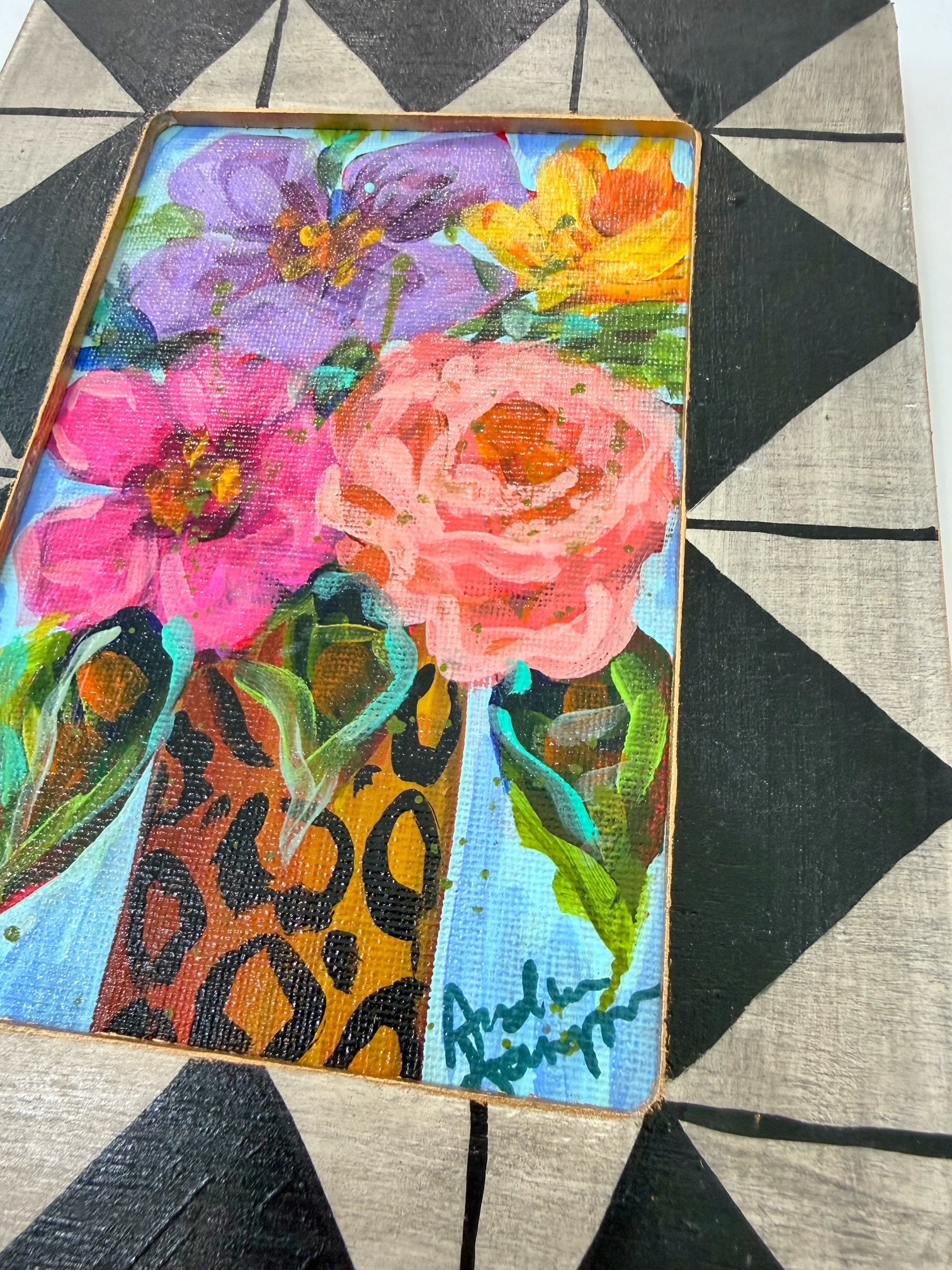 Framed Original Floral Painting on Canvas - Colorful Bouquet in Cheetah Print Vase
