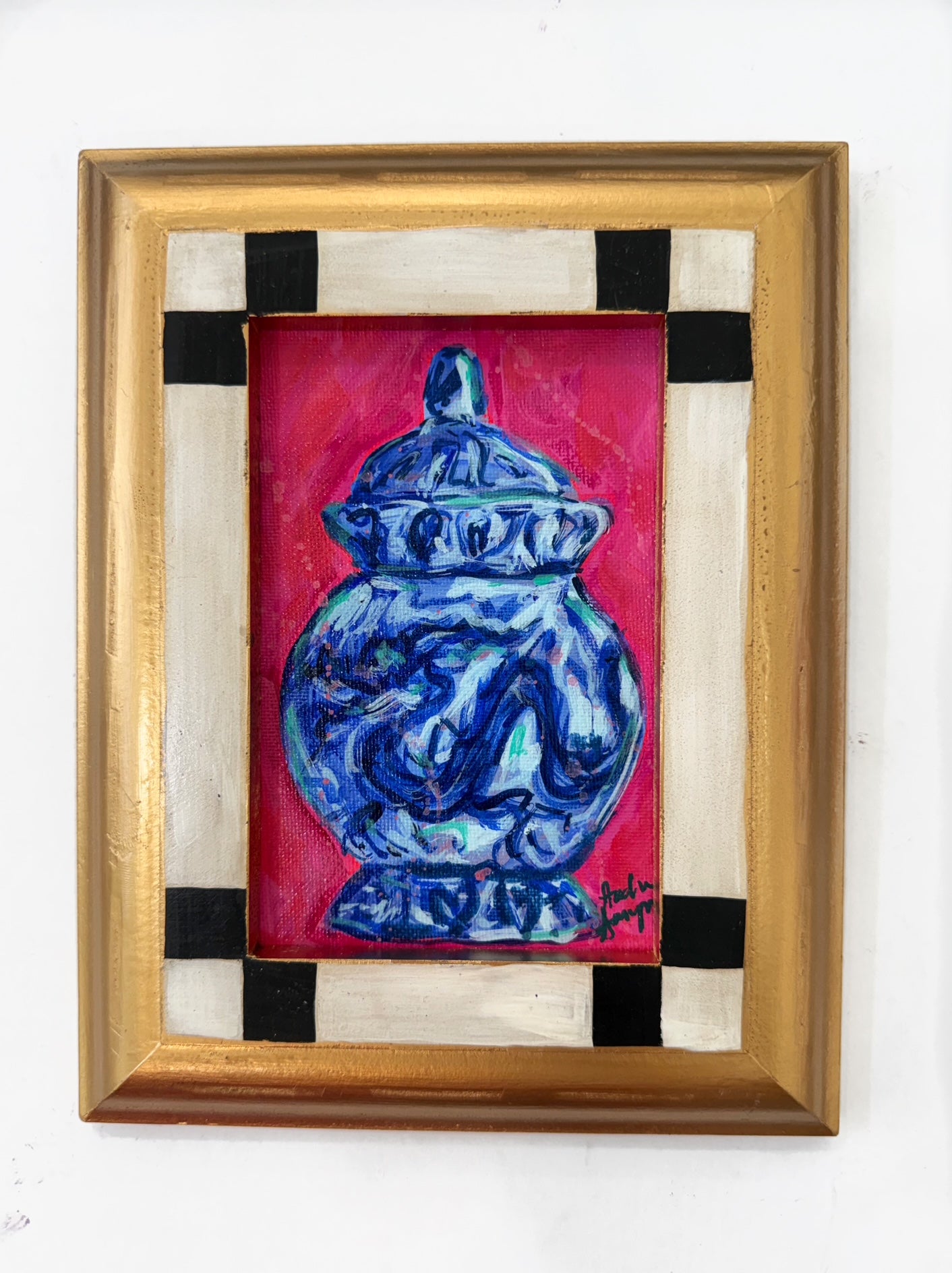 Framed Original Blue and White Chinoiserie Dragon Jar Painting on Canvas