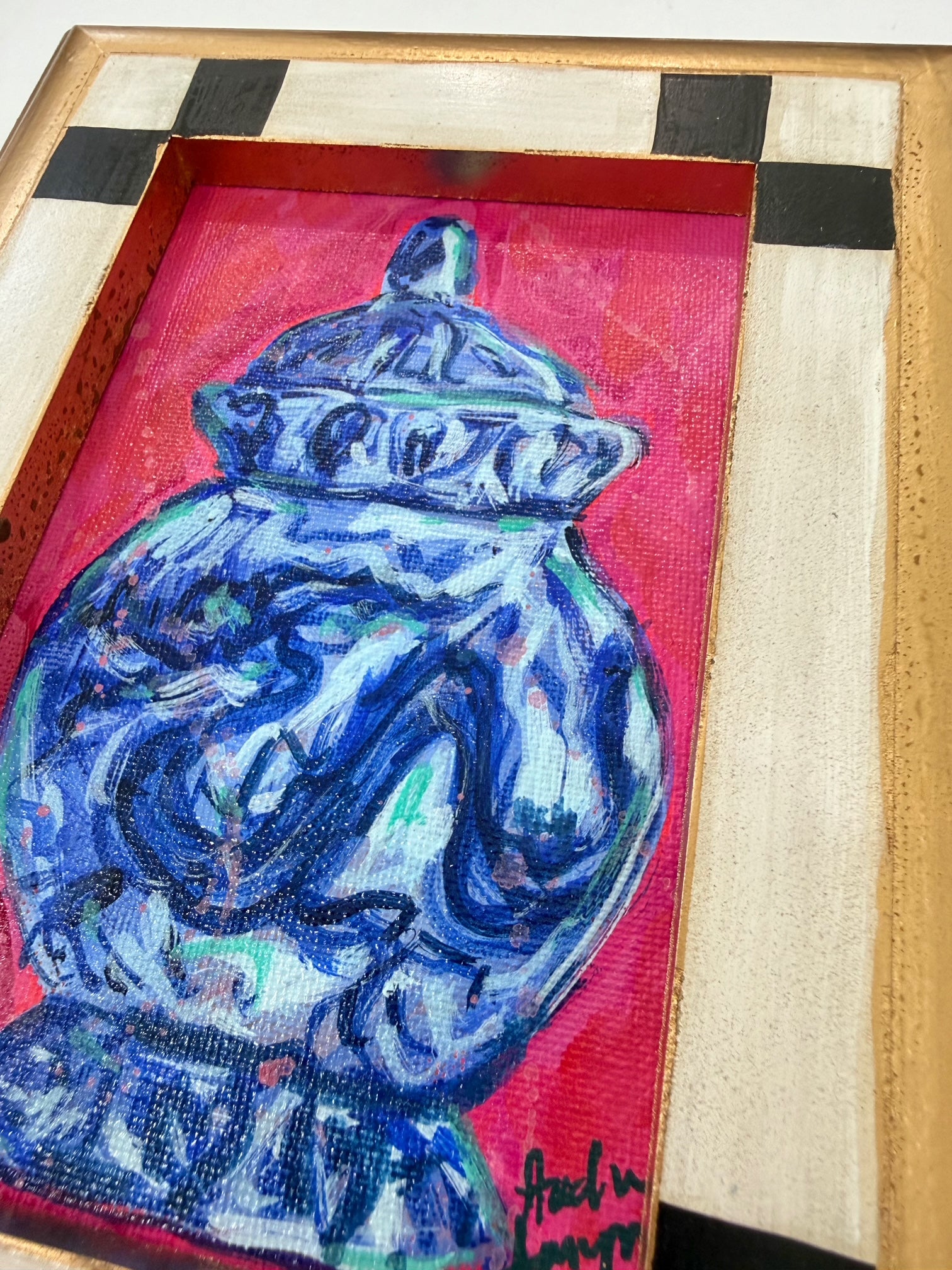 Framed Original Blue and White Chinoiserie Dragon Jar Painting on Canvas