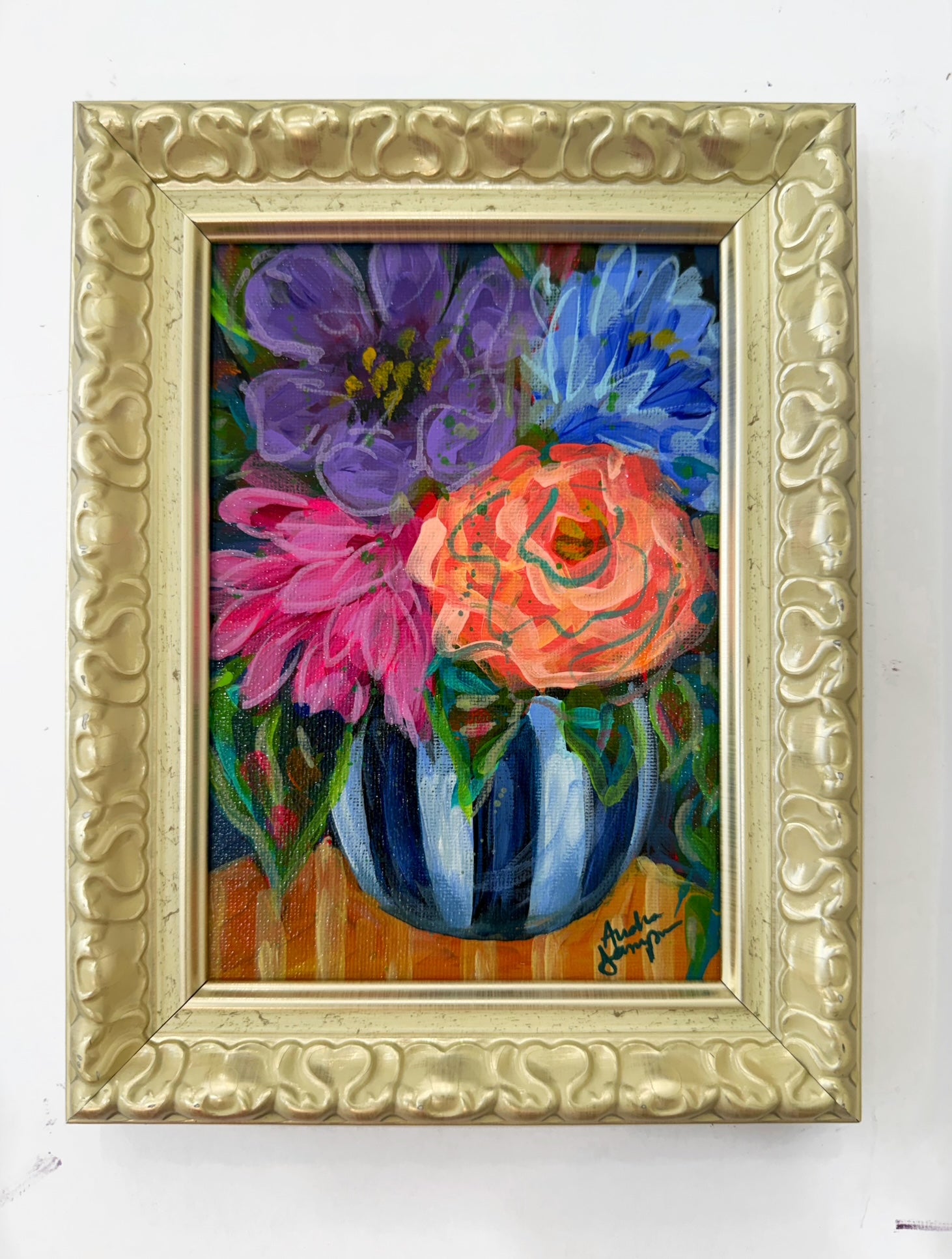 Framed Original Floral Painting on Canvas - Colorful Bouquet in Round Black and White Striped Vase