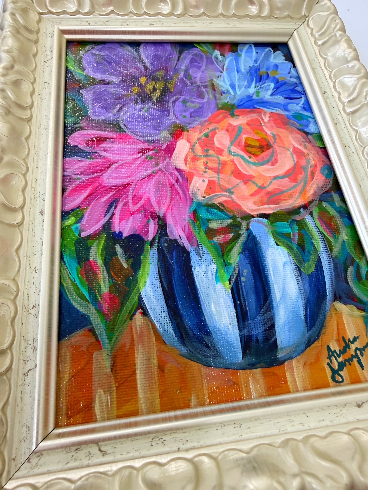 Framed Original Floral Painting on Canvas - Colorful Bouquet in Round Black and White Striped Vase