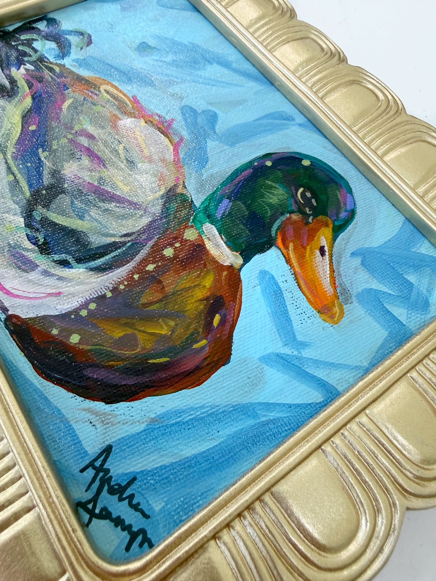 Framed Original Mallard Duck Painting on Canvas - Colorful Coastal Art