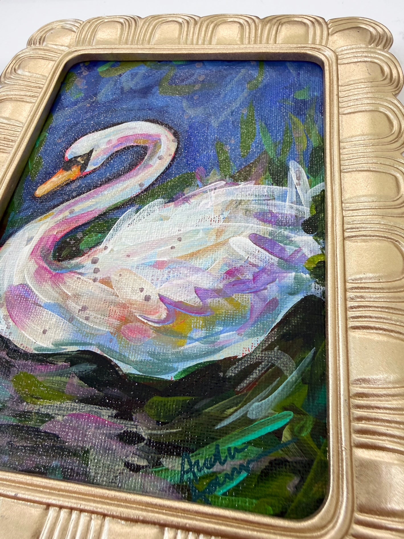 Framed Original Swan Painting on Canvas - Colorful Coastal Art