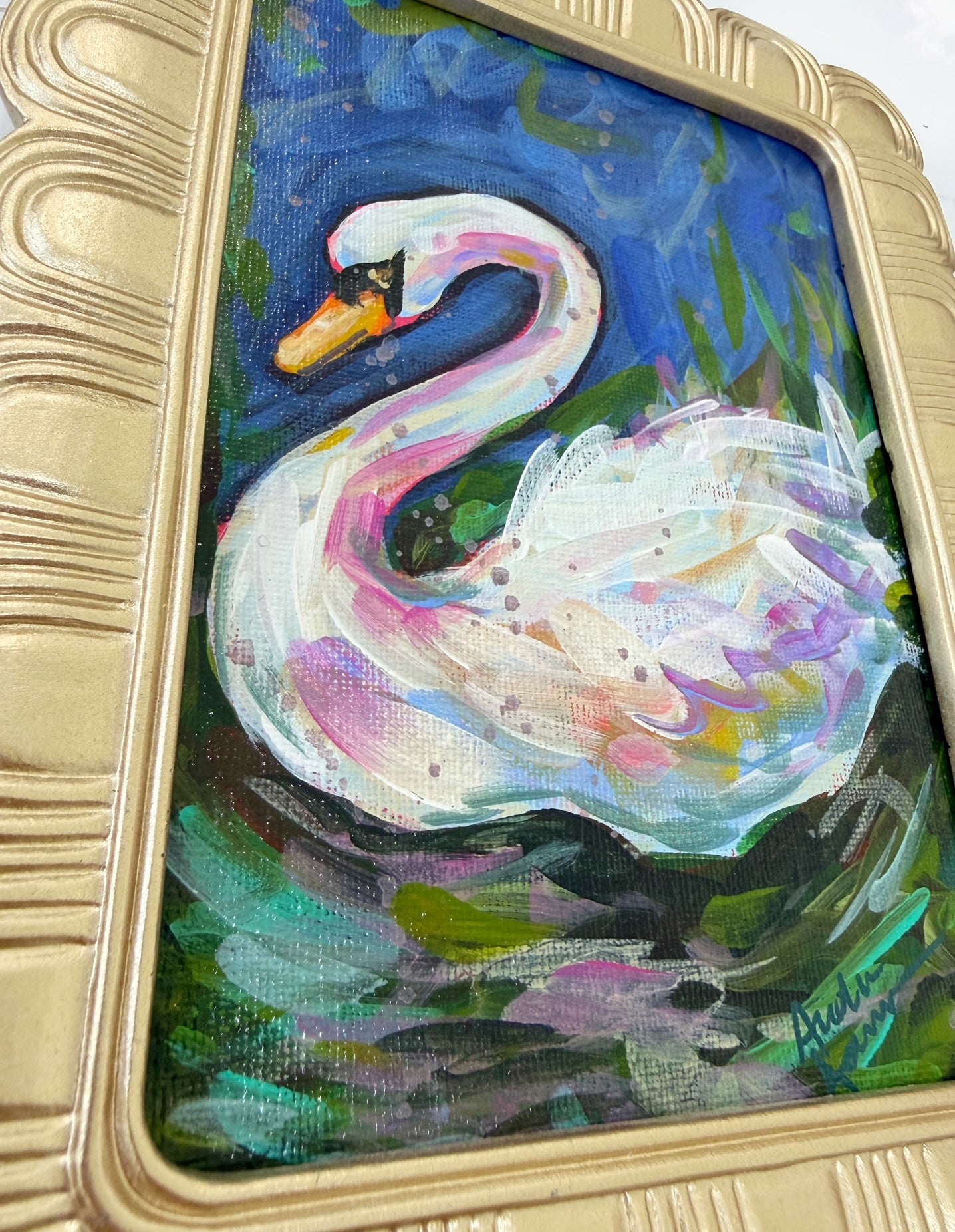 Framed Original Swan Painting on Canvas - Colorful Coastal Art