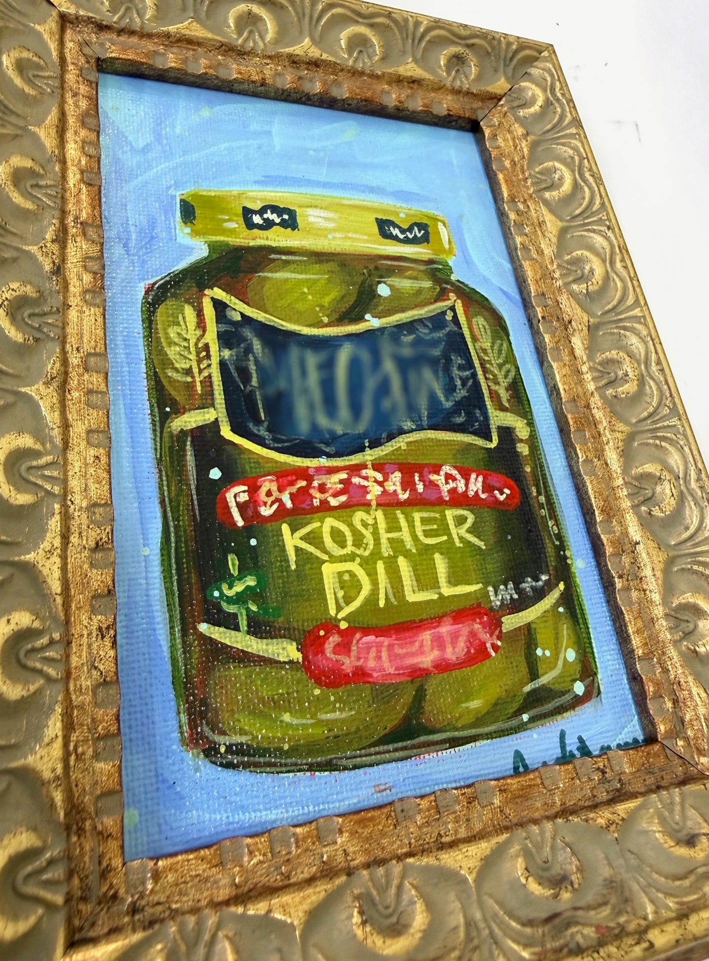 Framed Original Pickle Jar Painting on Canvas - Colorful Kitchen Art