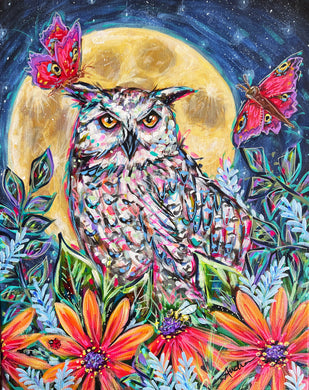 16x20 Original Owl Moon Butterfly Painting on Canvas