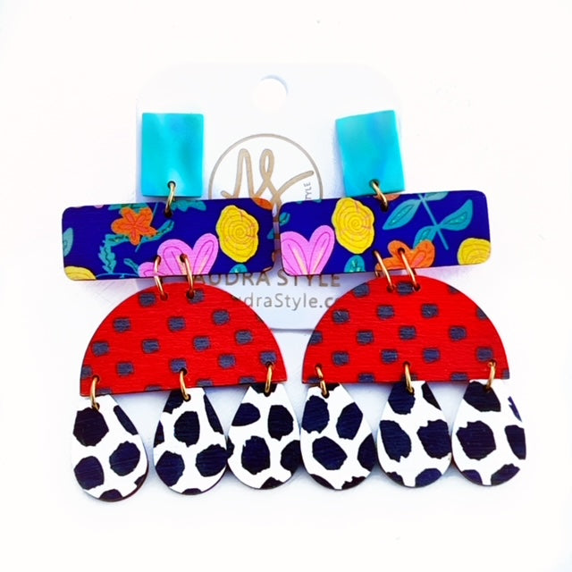 Shelly - Tulip on Navy Floral Print Black Polka Dot Mix Print Earring
