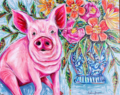 Petunia Pig and Bouquet Reproduction Print