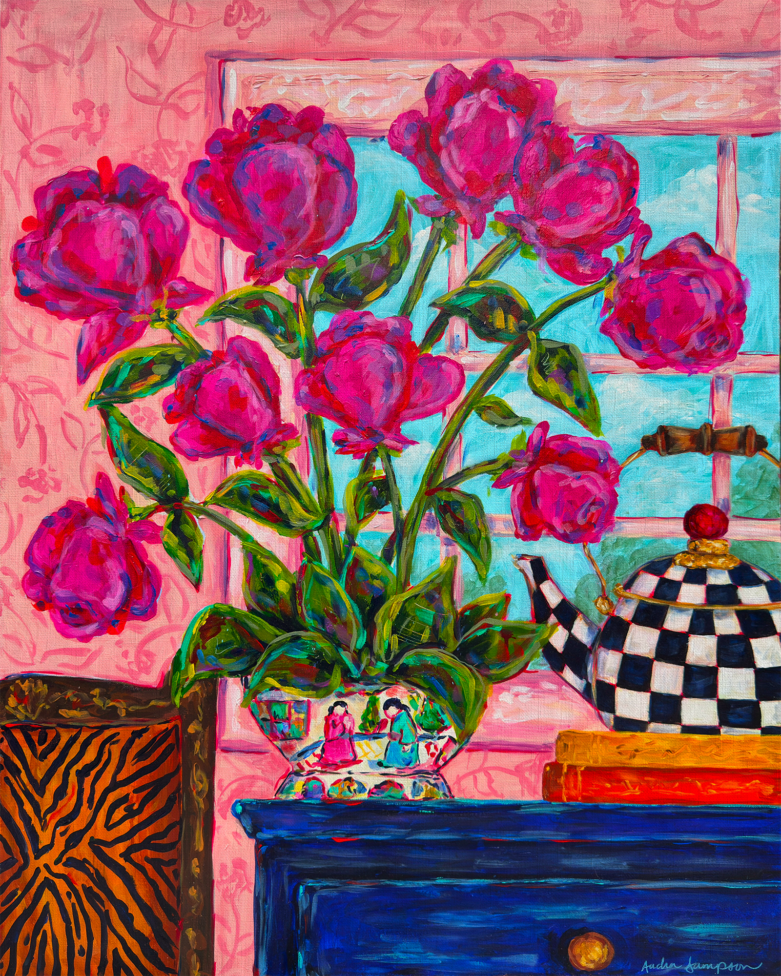 Original Tulips and Teapot Floral Painting on 30"Wx40"T Canvas - Colorful Bouquet