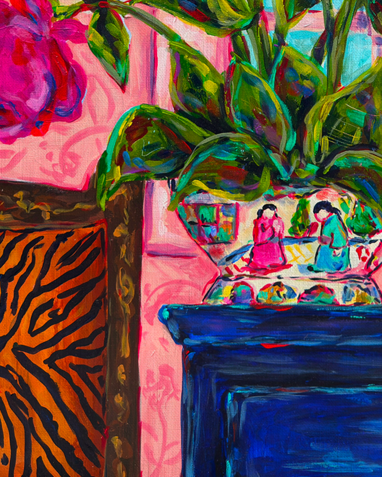 Original Tulips and Teapot Floral Painting on 30"Wx40"T Canvas - Colorful Bouquet