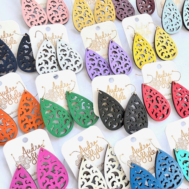 Scroll Teardrop Dangle Earrings - 16 Colors