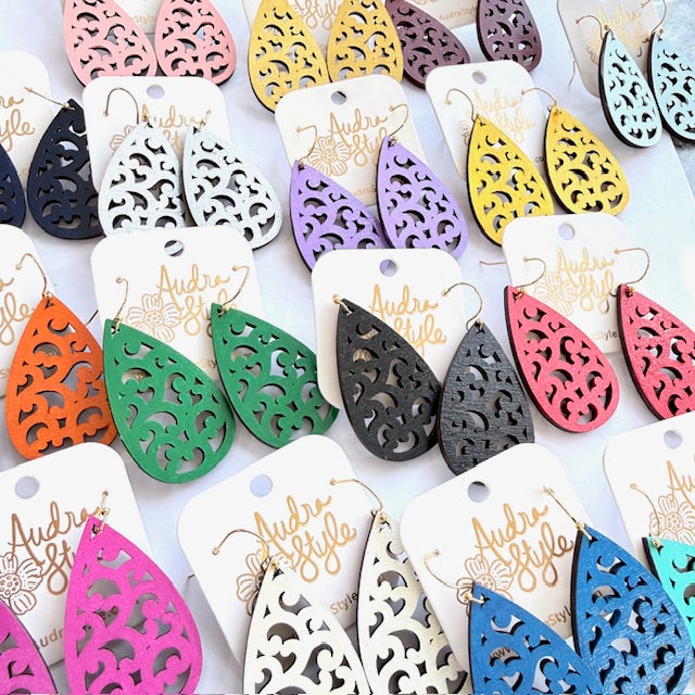 Scroll Teardrop Dangle Earrings - 16 Colors