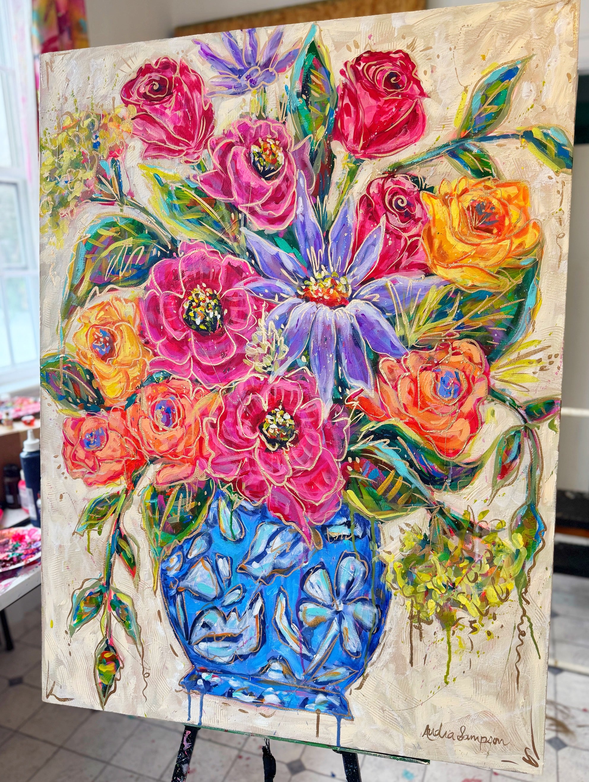 Blue Vase Floral Original Painting on Canvas - 30x40"