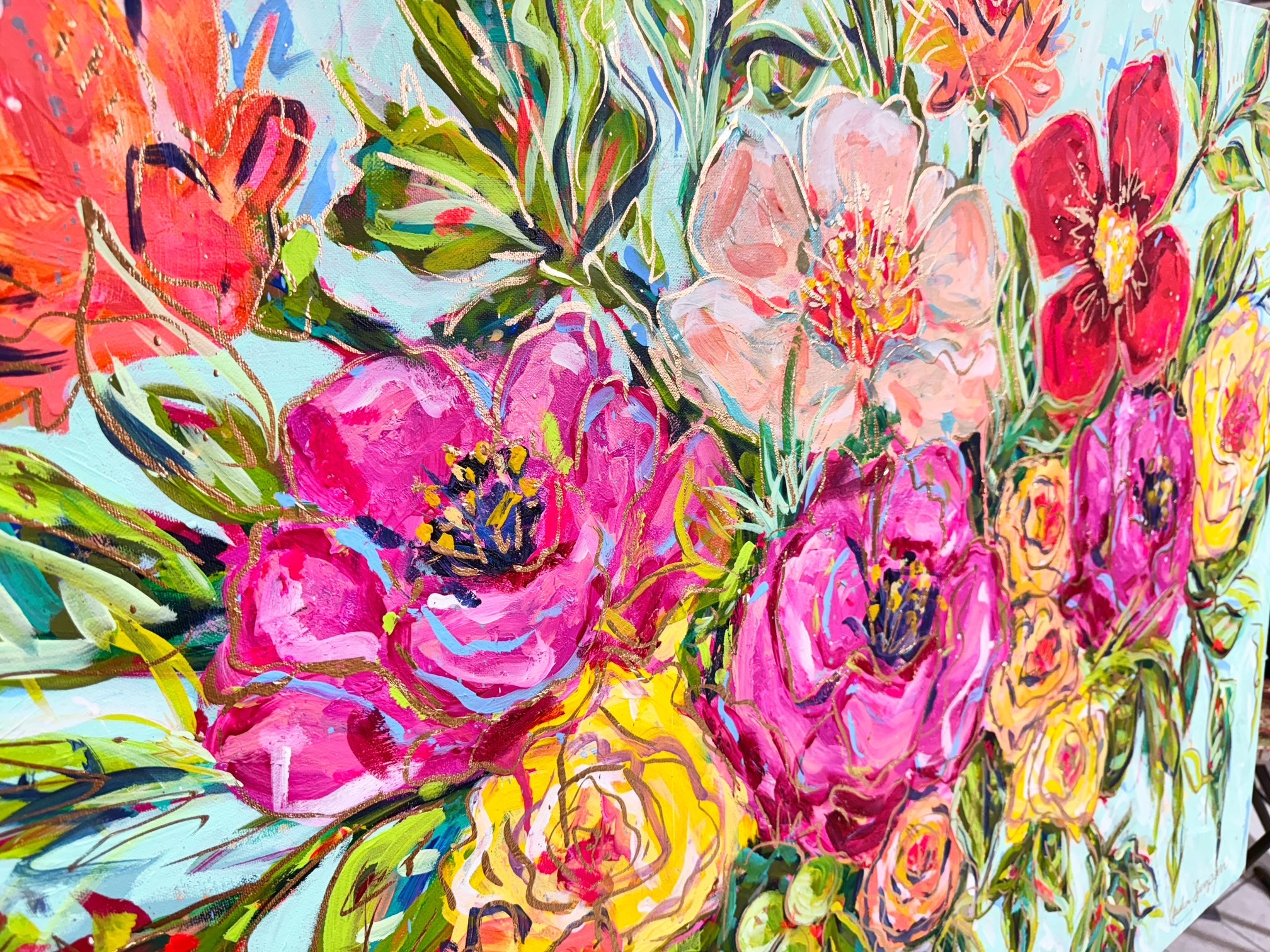 Original Milk Glass Floral Painting on 48"Wx36"T Canvas - Colorful Bouquet