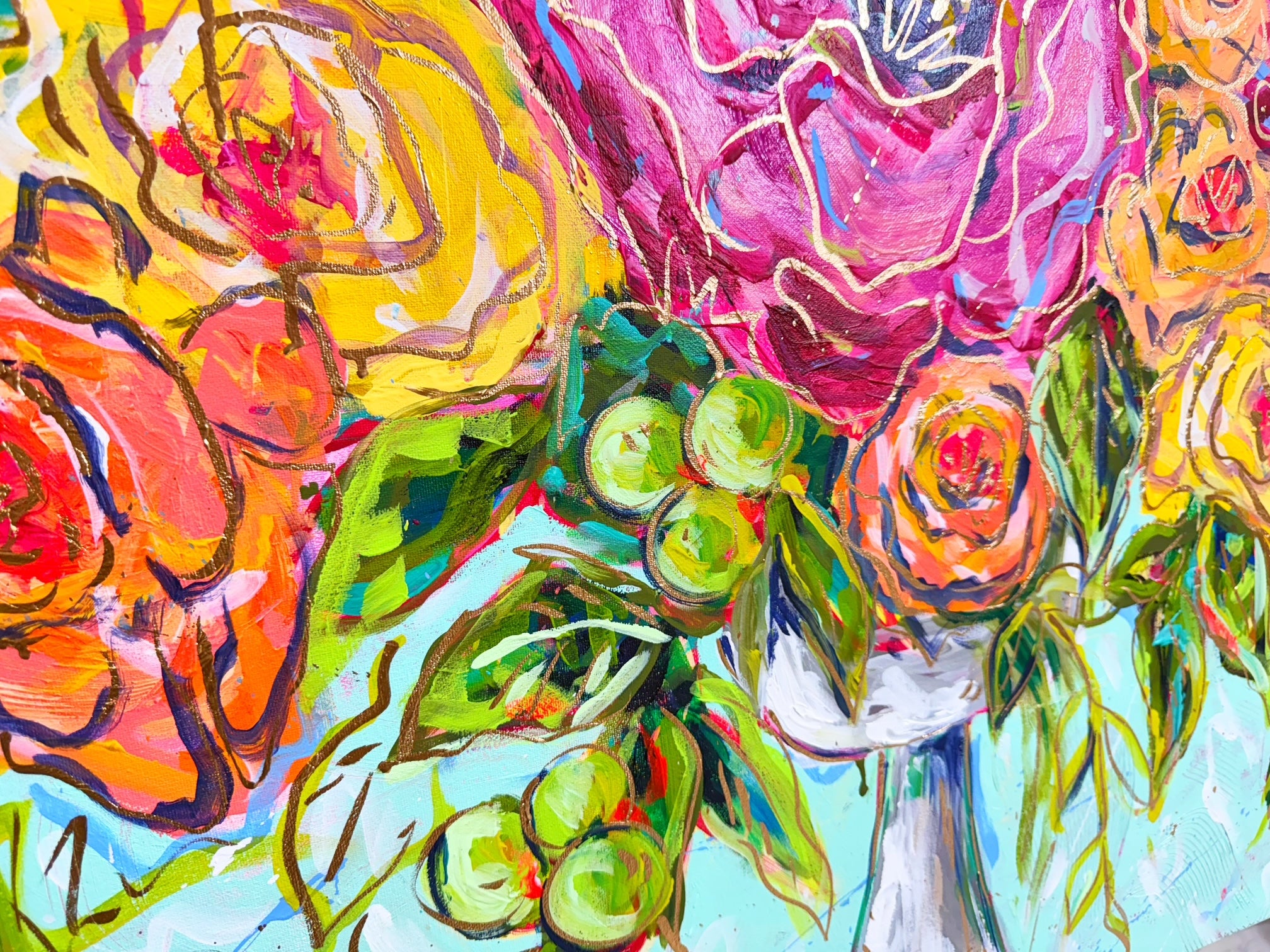 Original Milk Glass Floral Painting on 48"Wx36"T Canvas - Colorful Bouquet