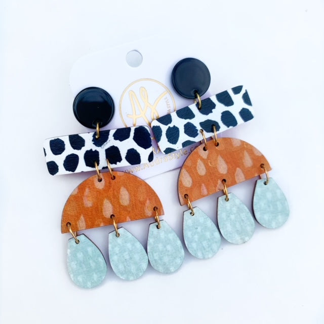 Shelly - Black Geo Pattern Black Polka Dot Caramel Print Earring