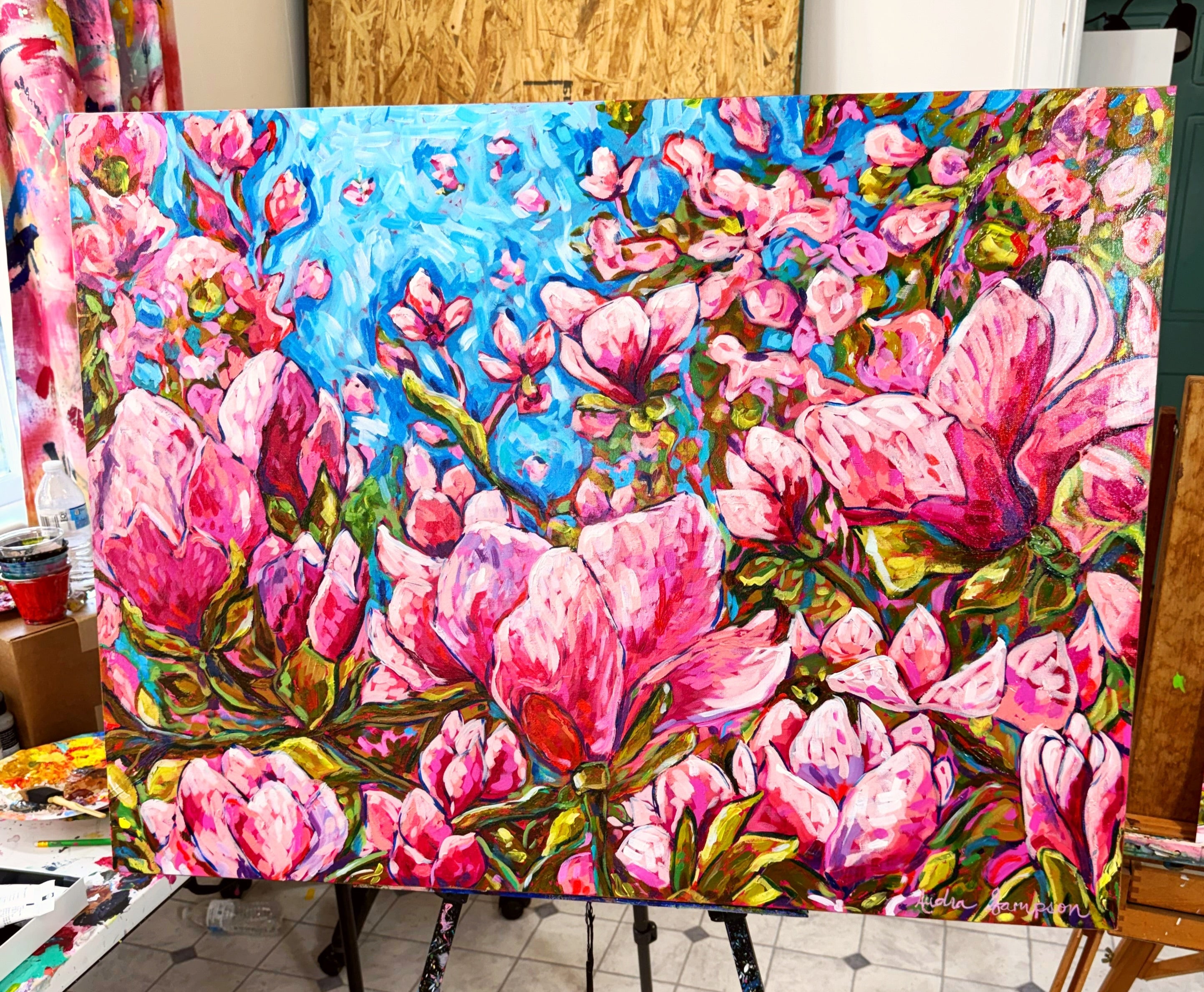 Original Pink Magnolia Blooms Floral Painting on 48"Wx36"T Canvas - Colorful Bouquet