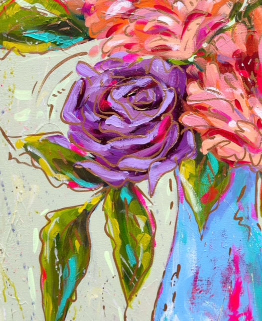 Original Purple Rose Floral Painting on 24"Wx36"T Canvas - Colorful Bouquet