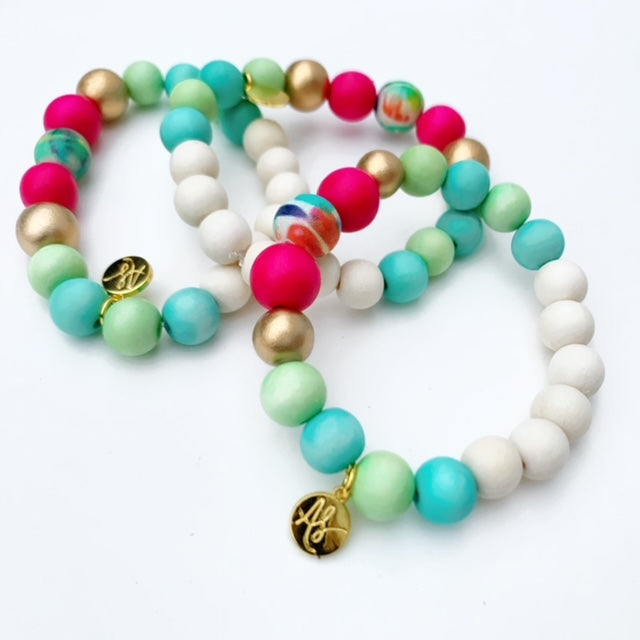 Aqua Lime Fuchsia Abstract Beaded Stacking Bracelet