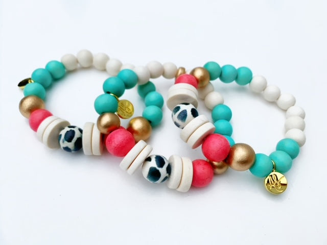 Aqua Coral Black White Cream Disk Beaded Stacking Bracelet