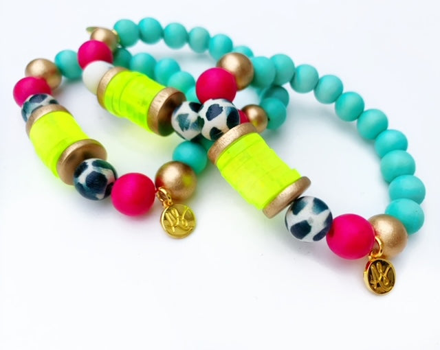 Aqua Fuchsia Black White Neon Yellow Disk Beaded Bracelet